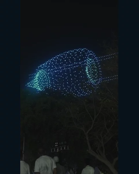 An aircraft engine formed by drone lights at the GE show